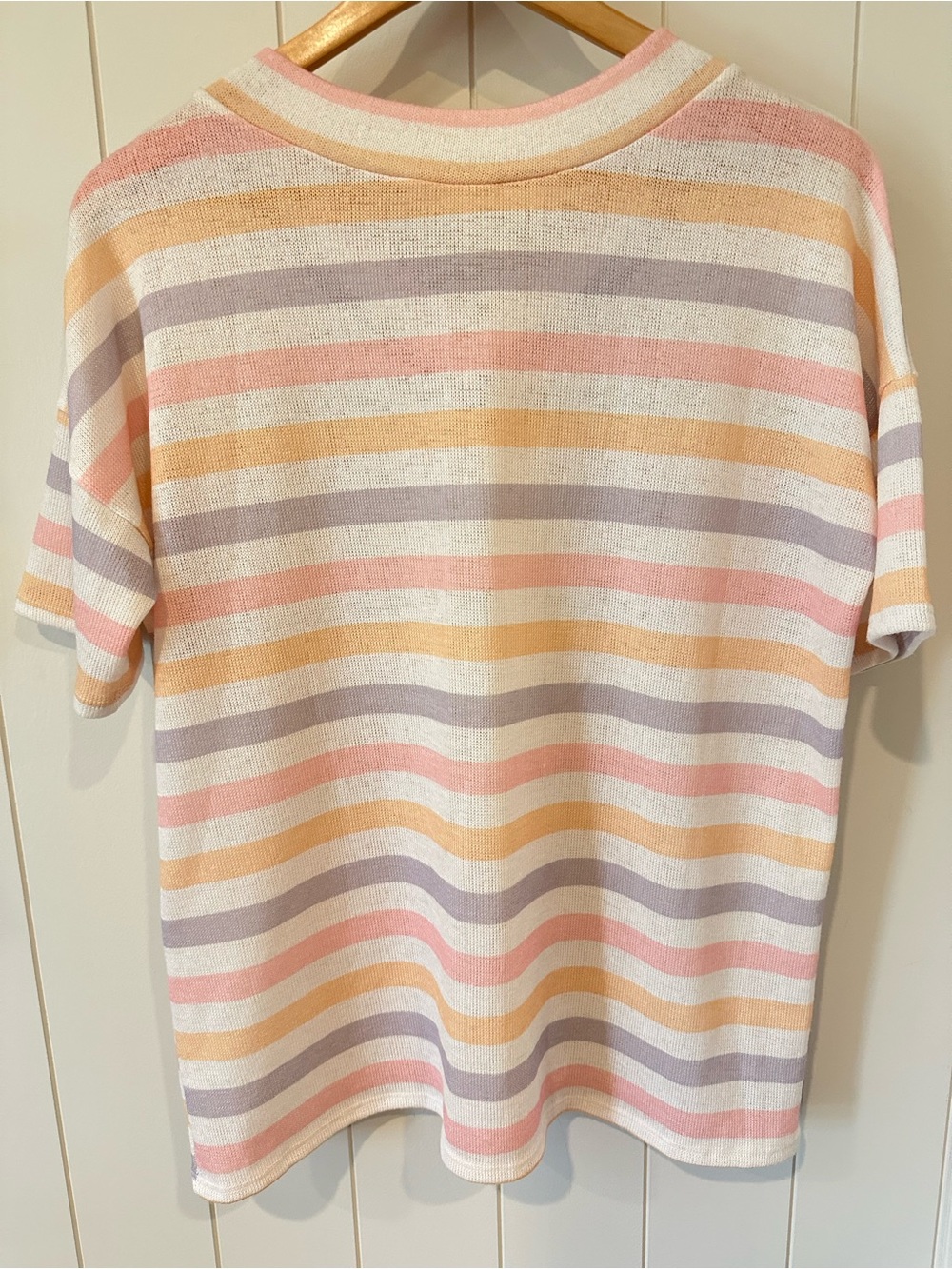 Bombom Women’s Striped V‑Neck Knit Top Size Medium Pink Yellow Purple Cream - Picture 7 of 10